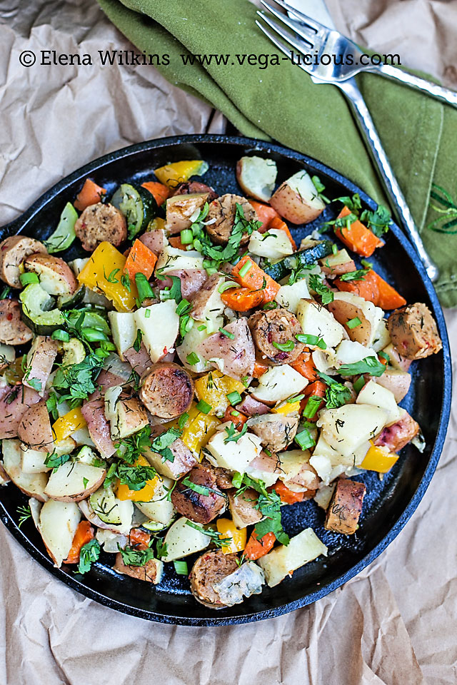 Easy to make, oven roasted vegan sausage and potatoes recipe. With only the simplest of ingredients this "one pot" meal is perfect for any family dinner.