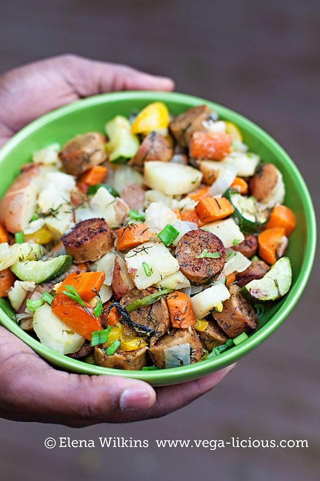 Easy to make, oven roasted vegan sausage and potatoes recipe. With only the simplest of ingredients this "one pot" meal is perfect for any family dinner.