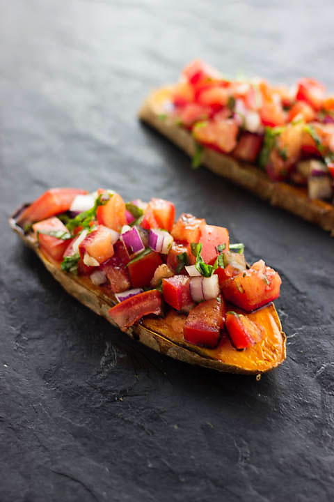 Nutrient loaded, gluten free and vegan version of all-time Italian favorite-Bruschetta! But this one is served on sweet potato toasts! Genius!