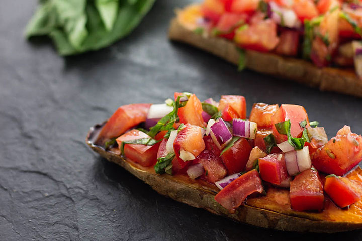 Nutrient loaded, gluten free and vegan version of all-time Italian favorite-Bruschetta! But this one is served on sweet potato toasts! Genius!
