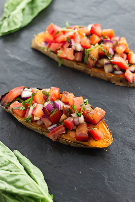 Nutrient loaded, gluten free and vegan version of all-time Italian favorite-Bruschetta! But this one is served on sweet potato toasts! Genius!